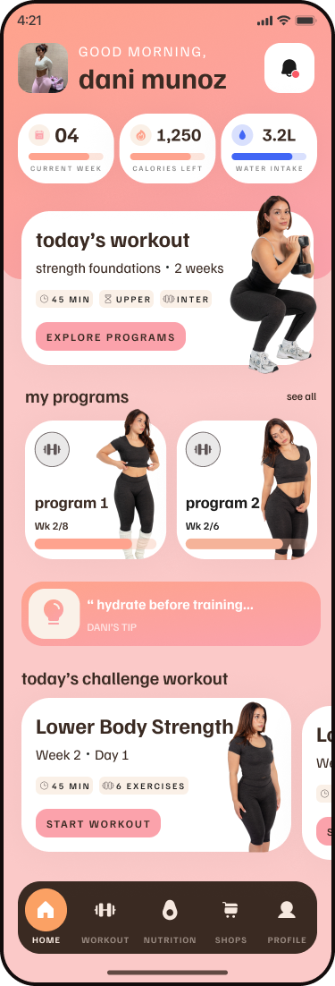 Dani Munoz Fitness app in an iPhone mockup
