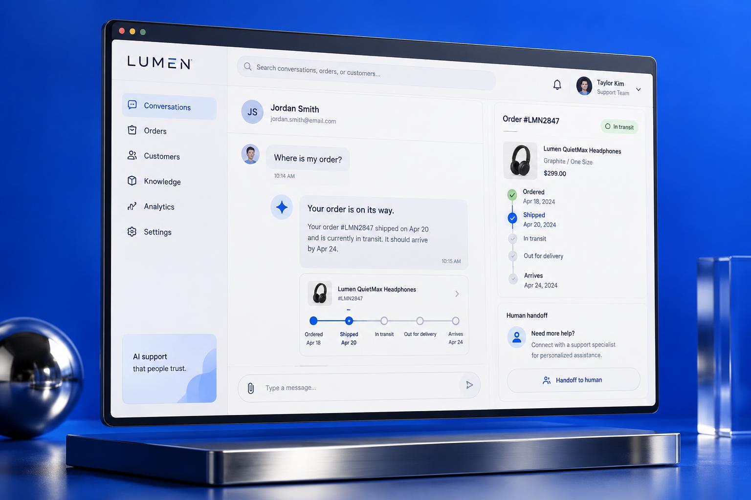 Lumen Support AI sample mockup